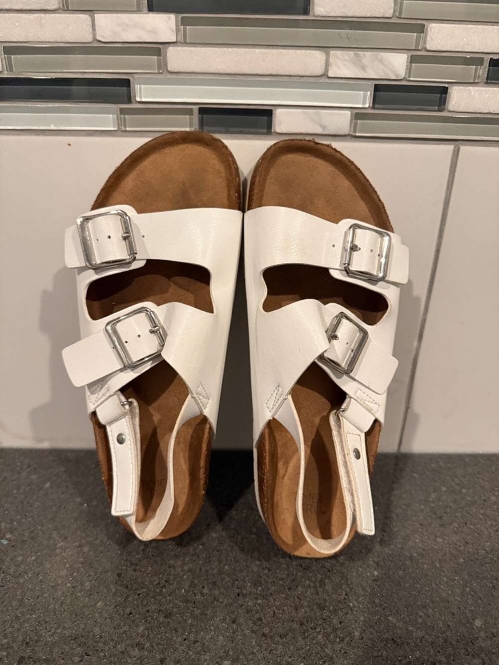 Time and Tru White Double-Buckle Slingback Sandals